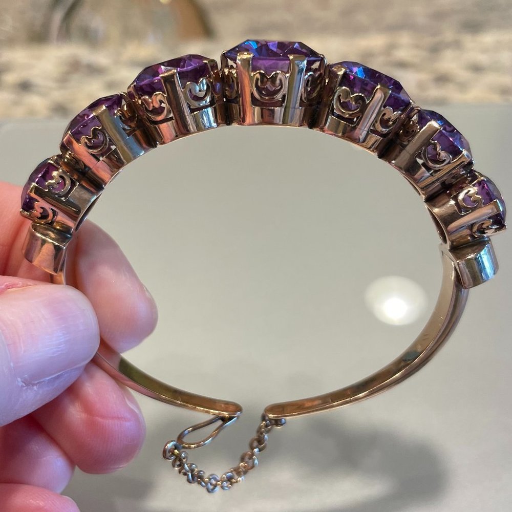 Retro Era Hinged Bracelet in 14k Rose Gold with Color Change Alexandrites Synth.